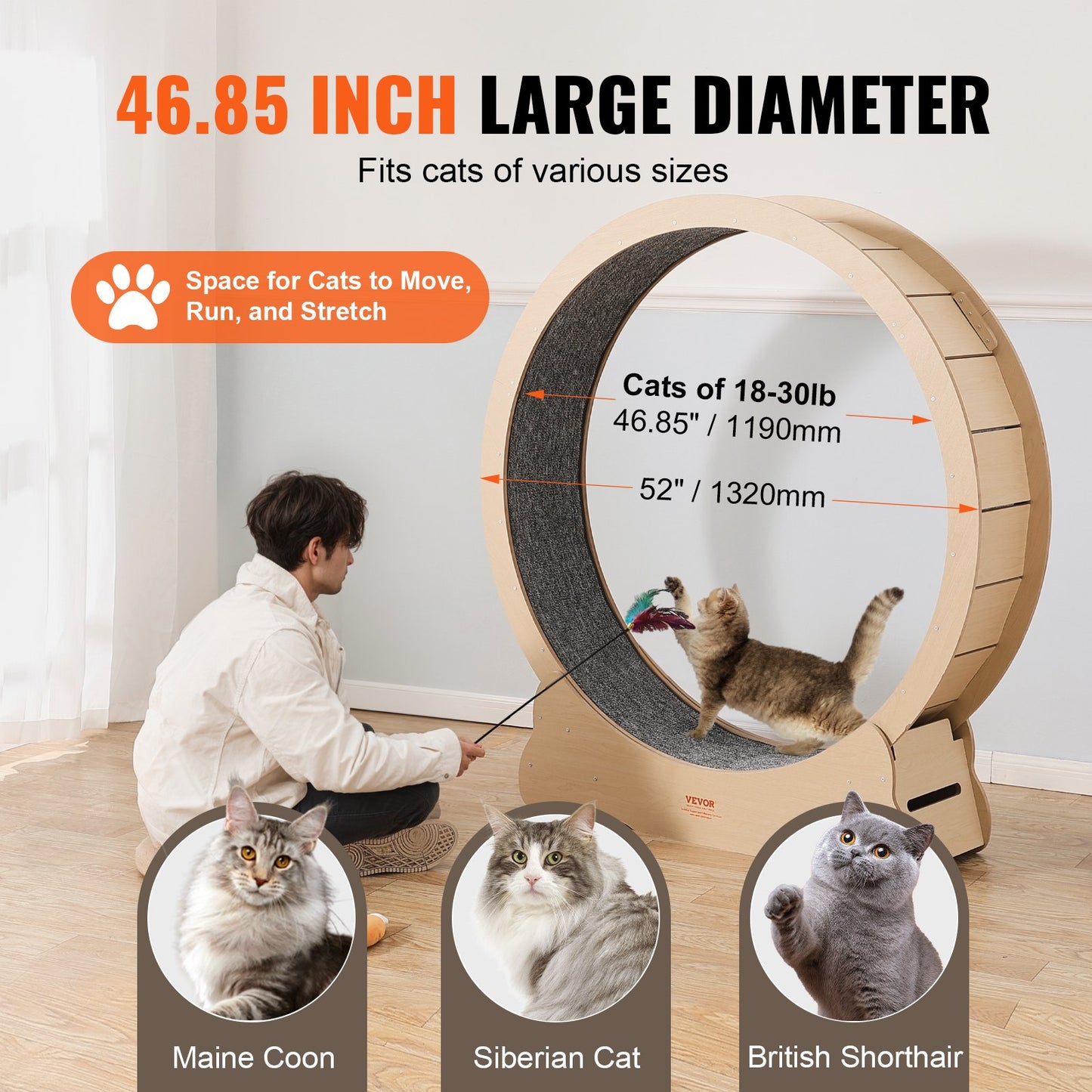 Wooden Cat Exercise Wheel, 52" Large Cat Treadmill Wheel for Indoor Cats, Cat Running Wheel with Detachable Carpet & Cat Teaser for Running/Walking/Training, Suitable for Most Cats