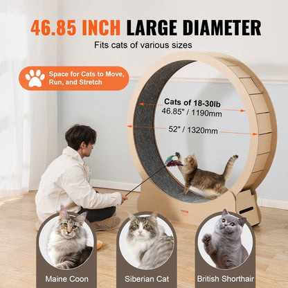 Wooden Cat Exercise Wheel, 52" Large Cat Treadmill Wheel for Indoor Cats, Cat Running Wheel with Detachable Carpet & Cat Teaser for Running/Walking/Training, Suitable for Most Cats