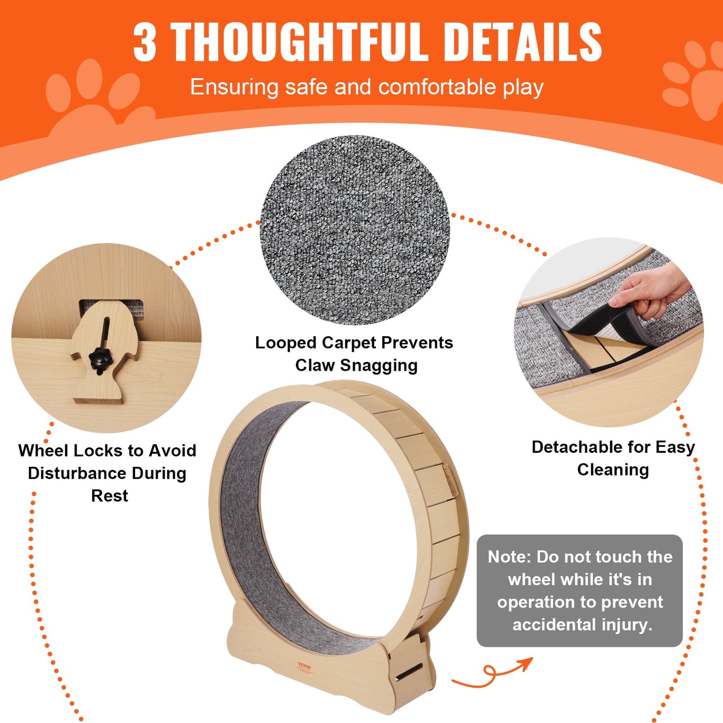 Wooden Cat Exercise Wheel, 52" Large Cat Treadmill Wheel for Indoor Cats, Cat Running Wheel with Detachable Carpet & Cat Teaser for Running/Walking/Training, Suitable for Most Cats