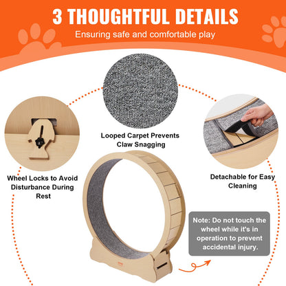 Wooden Cat Exercise Wheel, 52" Large Cat Treadmill Wheel for Indoor Cats, Cat Running Wheel with Detachable Carpet & Cat Teaser for Running/Walking/Training, Suitable for Most Cats