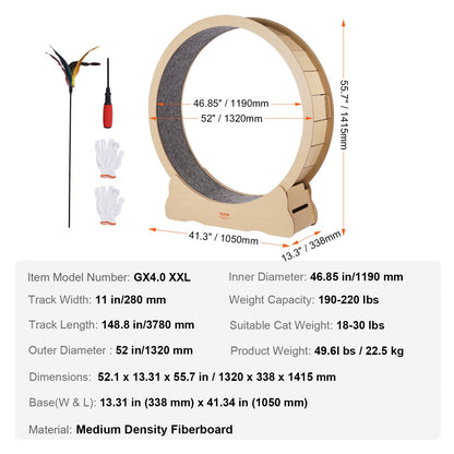 Wooden Cat Exercise Wheel, 52" Large Cat Treadmill Wheel for Indoor Cats, Cat Running Wheel with Detachable Carpet & Cat Teaser for Running/Walking/Training, Suitable for Most Cats