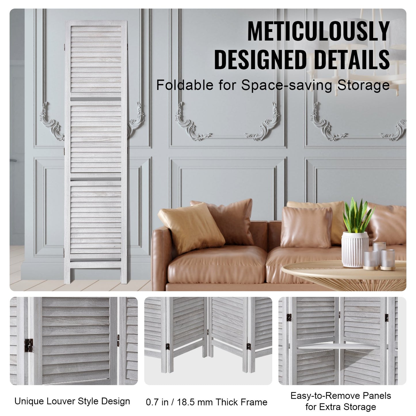 Wood Room Divider, 4 Panel Wood Folding Privacy Screen, 66.9 Inches Tall Indoor Louvered Partition Divider, Portable Decoration Screen, for Room Separation, Home, Office, Restaurant & Bedroom