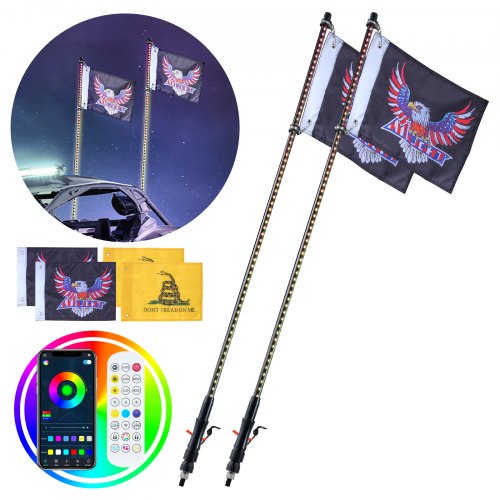 2 PCS 4 FT Whip Light, APP & RF Remote Control Led Whip Light, Waterproof RGB Chasing Lighted Whips with 4 Flags, for UTVs, ATVs, Motorcycles, RZR, Can-am, Trucks, Off-road, Go-karts