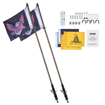 2 PCS 4 FT Whip Light, APP & RF Remote Control Led Whip Light, Waterproof RGB Chasing Lighted Whips with 4 Flags, for UTVs, ATVs, Motorcycles, RZR, Can-am, Trucks, Off-road, Go-karts