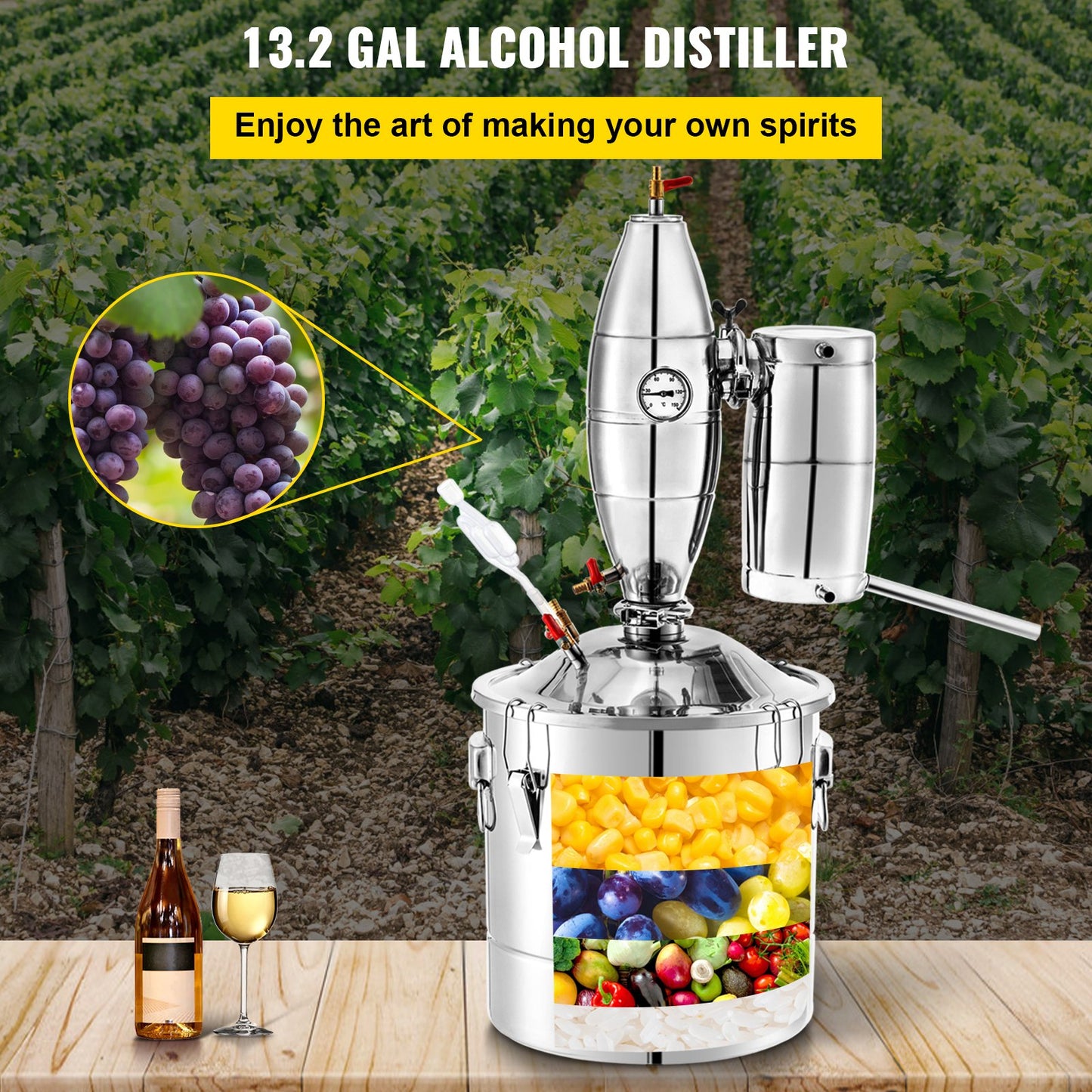 Wine Boiler Stainless Steel Water Alcohol Distiller 13.2 Gallon Alcohol Still 50L Whiskey Distillery Kit Home Moonshine Still with Thermometer and fermentation tank for Alcohol Distilling