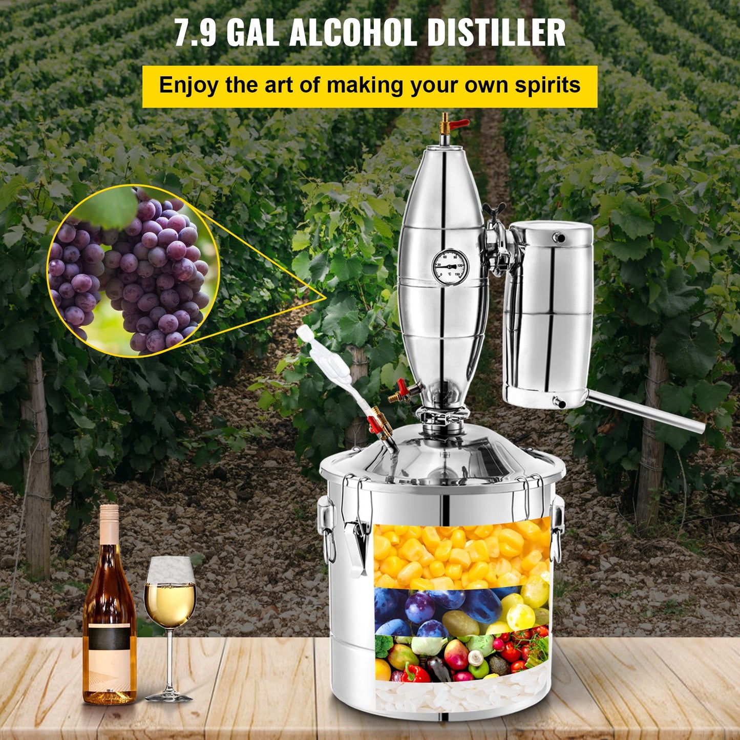 Alcohol Distiller, 30 Liter Alcohol Beverage Distiller, 6.6 Gal Beer Boilers Wine Grappa Spirits, Homemade Brewing Kit, Stainless Steel Moonshine Distiller