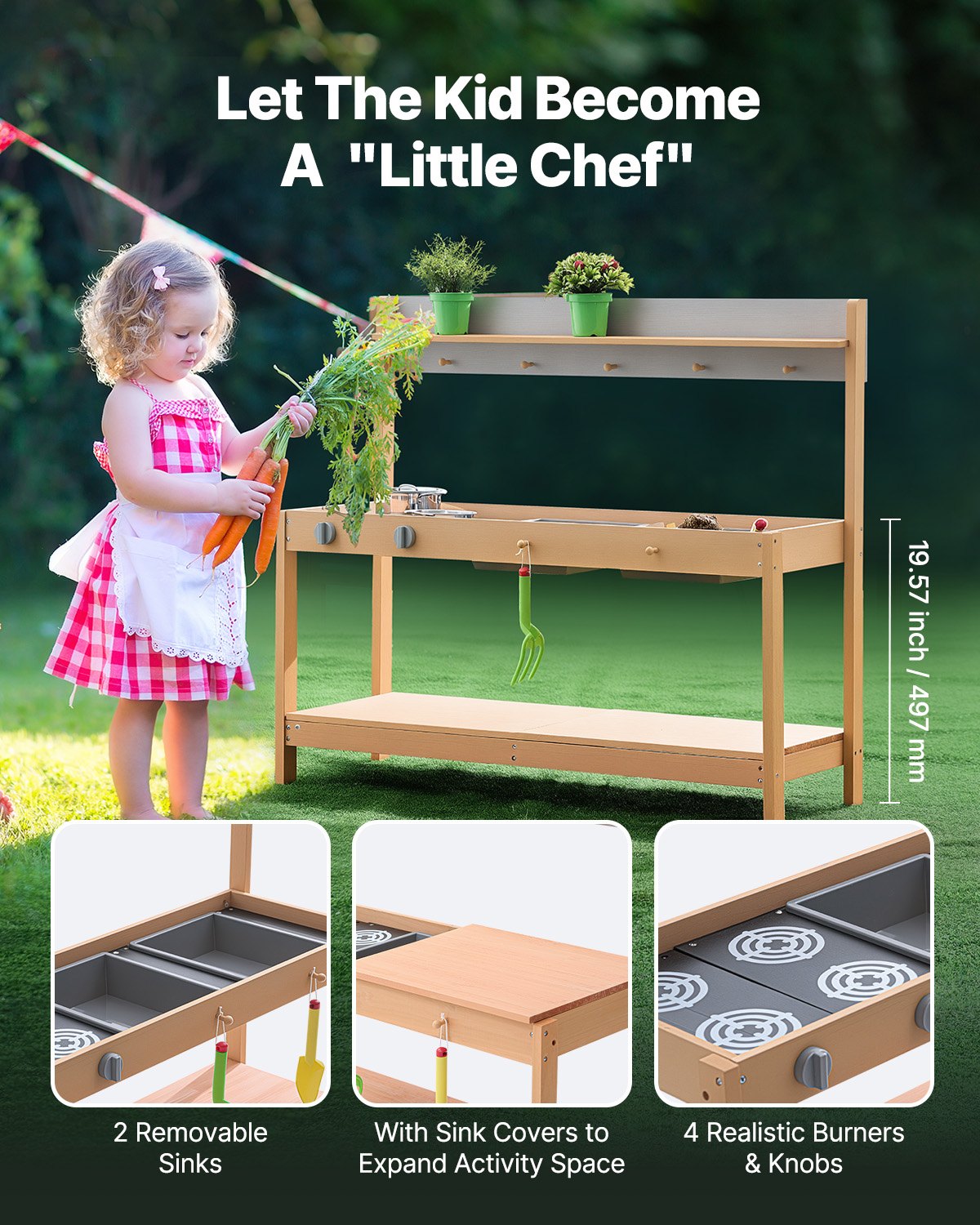 Mud Kitchen for Kids, Wooden Toy Play Kitchen Set with Accessories, Outdoor Grocery Store Playset, Pretend Play Outdoor Kitchen for Boys and Girls, Toddler Play Kitchen with Stoves and Sink