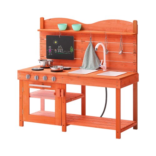 Lerkök för barn, träleksaksset, utomhusleksak för småbarn, mataffär för pojkar och flickor, låtsaslekkök med spisar, handfat, kran, svarta tavlan, kokkärl, kastruller, tillbehör