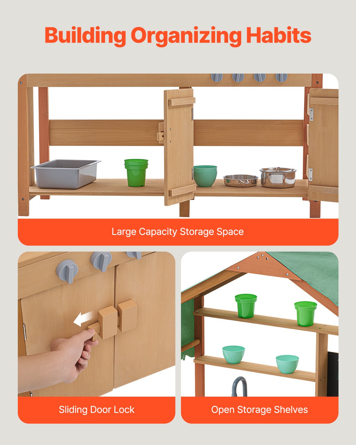 Mud Kitchen for Kids, Wooden Toy Play Kitchen Set with Accessories, Outdoor Toddler Grocery Store Playset, Pretend Play Kitchen with Stoves, Planter Boxes, Sink, Faucet, Blackboard, Cookware Pot