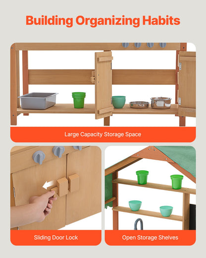 Mud Kitchen for Kids, Wooden Toy Play Kitchen Set with Accessories, Outdoor Toddler Grocery Store Playset, Pretend Play Kitchen with Stoves, Planter Boxes, Sink, Faucet, Blackboard, Cookware Pot