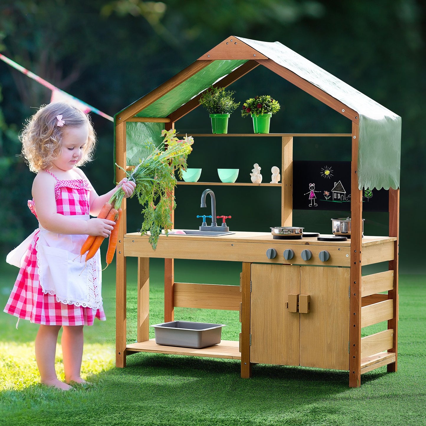 Mud Kitchen for Kids, Wooden Toy Play Kitchen Set with Accessories, Outdoor Toddler Grocery Store Playset, Pretend Play Kitchen with Stoves, Planter Boxes, Sink, Faucet, Blackboard, Cookware Pot