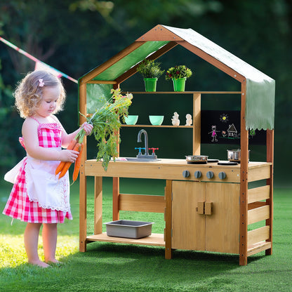 Mud Kitchen for Kids, Wooden Toy Play Kitchen Set with Accessories, Outdoor Toddler Grocery Store Playset, Pretend Play Kitchen with Stoves, Planter Boxes, Sink, Faucet, Blackboard, Cookware Pot