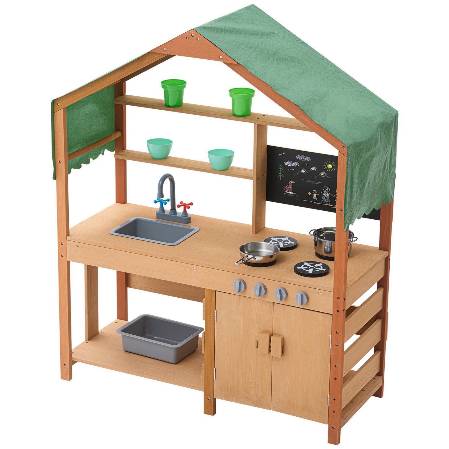 Mud Kitchen for Kids, Wooden Toy Play Kitchen Set with Accessories, Outdoor Toddler Grocery Store Playset, Pretend Play Kitchen with Stoves, Planter Boxes, Sink, Faucet, Blackboard, Cookware Pot
