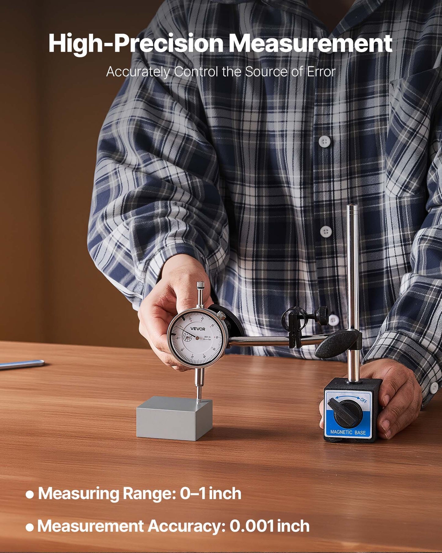 Dial Test Indicator, 0.03 mm Accuracy, 0-25.4mm Measuring Range, Easy to Read Large Dial, Professional for Internal Diameter Measurement, Runout Detection, Flatness Inspection