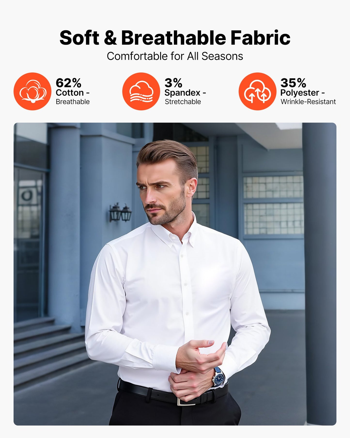 Men's Button Up Shirt, Mens Long Sleeve Wrinkle-free Button Down Dress Shirts, Slim Fit Soft Stretch Fabric for Business Casual or Formal, Work, Wedding, Dinner, White