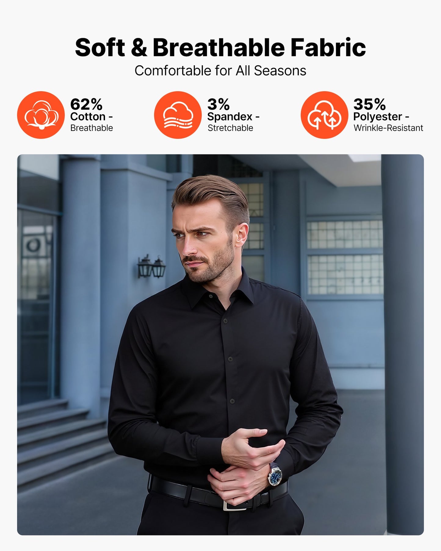 Men's Button Up Shirt, Mens Long Sleeve Wrinkle-free Button Down Dress Shirts, Slim Fit Soft Stretch Fabric for Business Casual or Formal, Work, Wedding, Dinner, Black