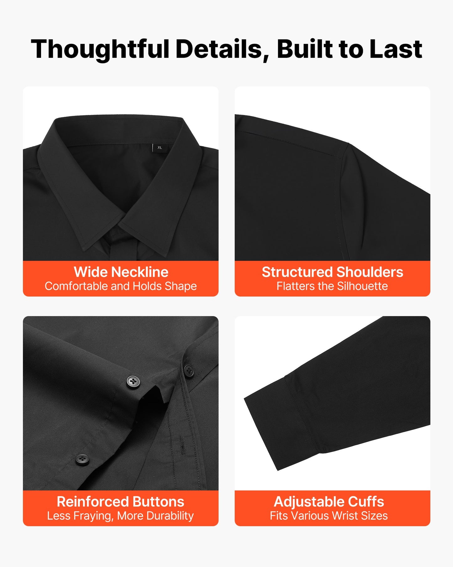 Men's Button Up Shirt, Mens Long Sleeve Wrinkle-free Button Down Dress Shirts, Slim Fit Soft Stretch Fabric for Business Casual or Formal, Work, Wedding, Dinner, Black