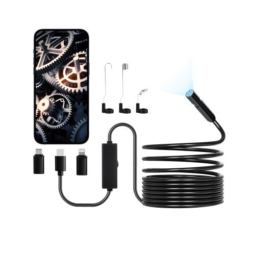 Endoscope Camera with Light, 1920P HD Borescope for Android & IOS, 8 LED Lights Inspection Camera with 5m Semi-Rigid Cable, 2X Zoom, IP67 Waterproof Snake Scope Camera for Auto, Plumbing