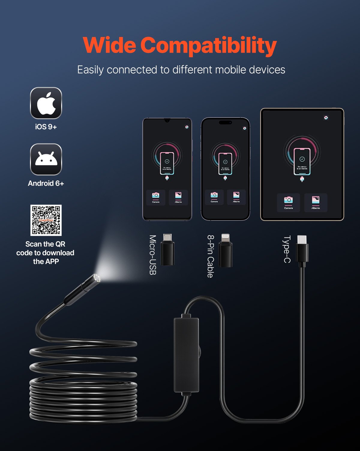 Endoscope Camera with Light, 1920P HD Borescope for Android & IOS, 8 LED Lights Inspection Camera with 5m Semi-Rigid Cable, 2X Zoom, IP67 Waterproof Snake Scope Camera for Auto, Plumbing