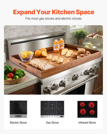 Noodle Board Stove Cover, Stove Top Cover Board for Gas Burner & Electric Stove, Acacia Wood Cutting Board with Built-in Handles, RV Stovetop Cover/ Kitchen Sink Cover for Counter Space & Tray