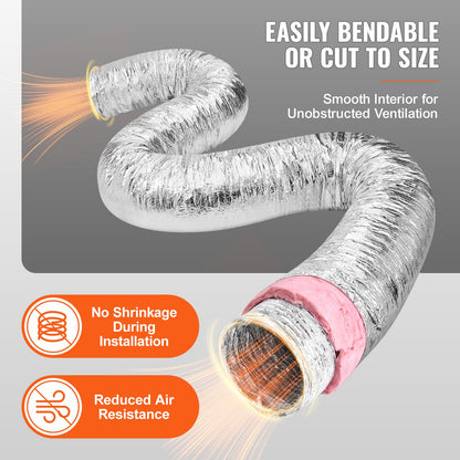 Dryer Vent Hose, 203.2MM Insulated Flexible Duct 7.62M Long with 2 Duct Clamps, Heavy-Duty Three Layer Protection for HVAC Heating Cooling Ventilation and Exhaust, R-6.0 Flame Resistance Value