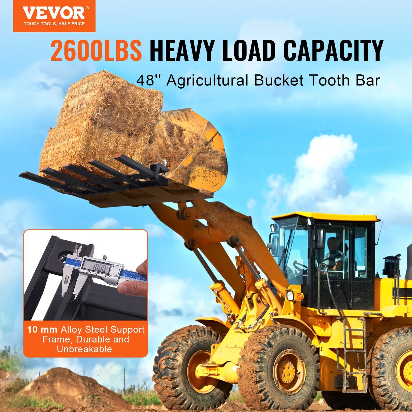 Clamp on Debris Forks to 48" Bucket, 2600 lbs Capacity Heavy Duty Clamp on Pallet Forks Bucket Attachments, Fit for Loader Bucket Skidsteer Tractor to Clean up Fallen Limbs Debris or Yard Wwaste