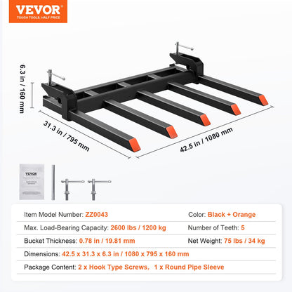 Clamp on Debris Forks to 48" Bucket, 2600 lbs Capacity Heavy Duty Clamp on Pallet Forks Bucket Attachments, Fit for Loader Bucket Skidsteer Tractor to Clean up Fallen Limbs Debris or Yard Wwaste