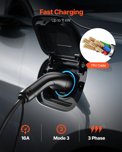 EV Charger Extension Cable, 16Amp 10 m Max 11 kW Extension Cord Compatible with All Type 2 Electric Vehicle Chargers, 3-Phase AC 480V 50Hz IP65 Heavy Duty Car Charging Cable with Carrying Bag