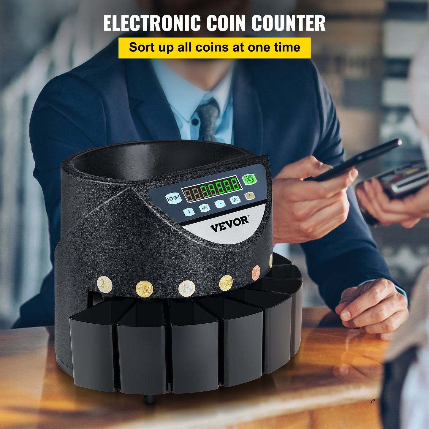 Euro Coin Counter Sorter 500-1000 Coins Electronic Automatic EUR Coin Counting Machine 300 Coins Per Minute with 8 Coin Drawers for School Shop Bank