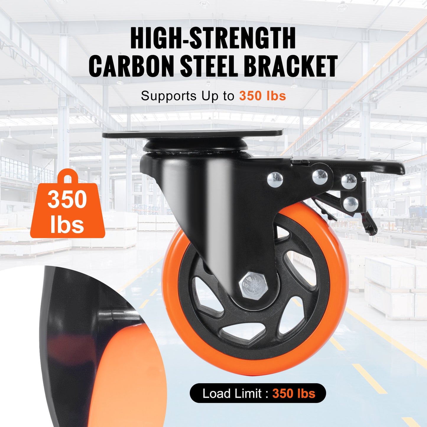 Caster Wheels, 10.1 cm Swivel Plate Casters, Set of 4, with Security A/B Locking No Noise PVC Wheels, Heavy Duty 158.8 kg Load Capacity Per Caster, Non-Marking Wheels for Cart Furniture Workbench