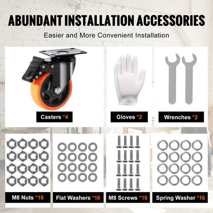 Caster Wheels, 10.1 cm Swivel Plate Casters, Set of 4, with Security A/B Locking No Noise PVC Wheels, Heavy Duty 158.8 kg Load Capacity Per Caster, Non-Marking Wheels for Cart Furniture Workbench