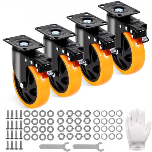 Caster Wheels, 12.7 cm Swivel Plate Casters, Set of 4, with Security A/B Locking No Noise PVC Wheels, Heavy Duty 204.1 kg Load Capacity Per Caster, Non-Marking Wheels for Cart Furniture Workbench