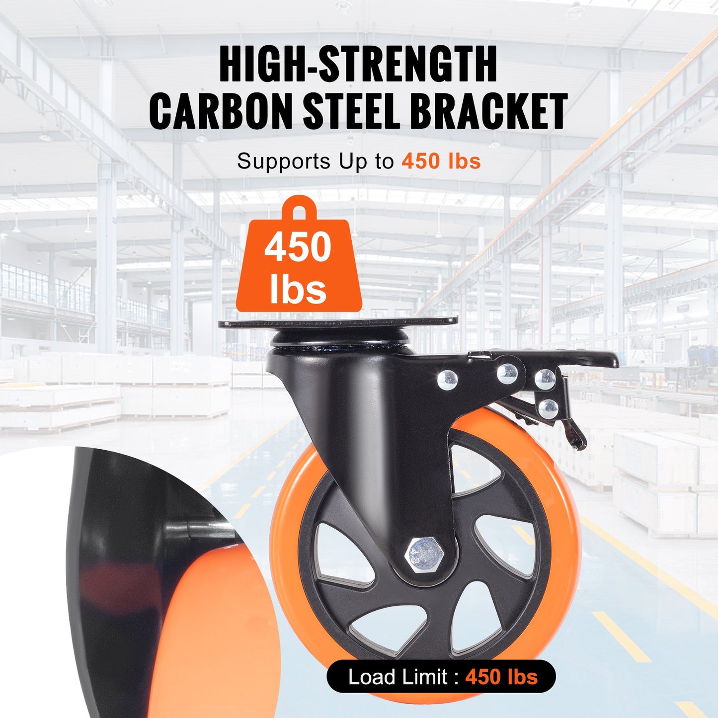 Caster Wheels, 12.7 cm Swivel Plate Casters, Set of 4, with Security A/B Locking No Noise PVC Wheels, Heavy Duty 204.1 kg Load Capacity Per Caster, Non-Marking Wheels for Cart Furniture Workbench