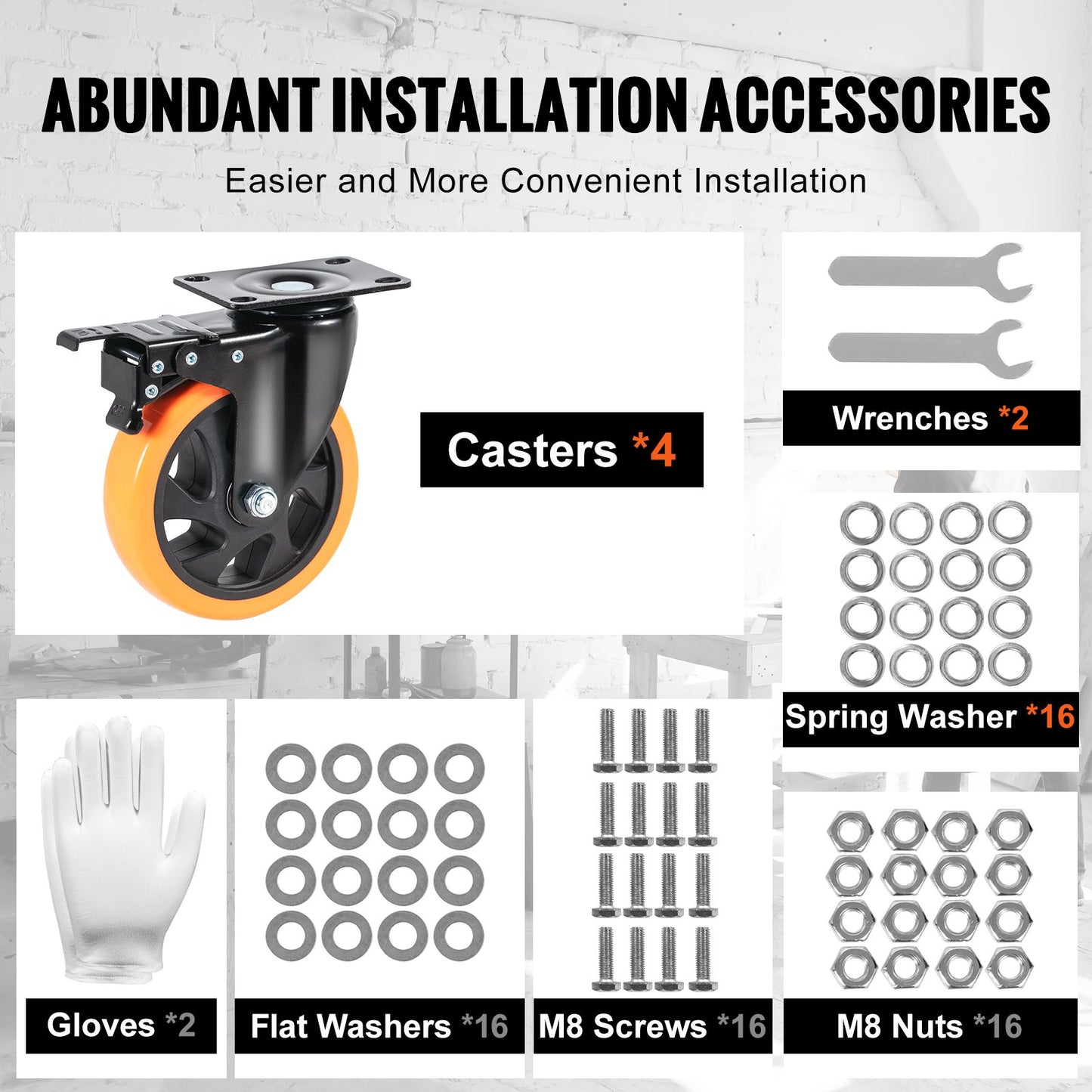 Caster Wheels, 12.7 cm Swivel Plate Casters, Set of 4, with Security A/B Locking No Noise PVC Wheels, Heavy Duty 204.1 kg Load Capacity Per Caster, Non-Marking Wheels for Cart Furniture Workbench