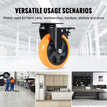 Caster Wheels, 12.7 cm Swivel Plate Casters, Set of 4, with Security A/B Locking No Noise PVC Wheels, Heavy Duty 204.1 kg Load Capacity Per Caster, Non-Marking Wheels for Cart Furniture Workbench