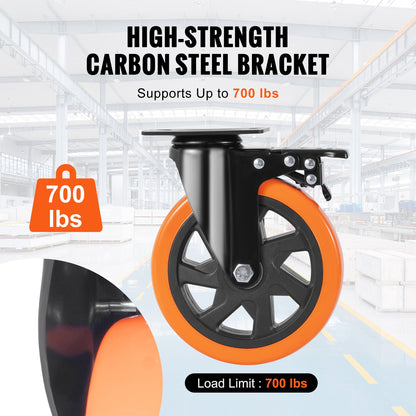 Caster Wheels, 15.2 cm Swivel Plate Casters, Set of 4, with Security A/B Locking No Noise PVC Wheels, Heavy Duty 317.5 kg Load Capacity Per Caster, Non-Marking Wheels for Cart Furniture Workbench