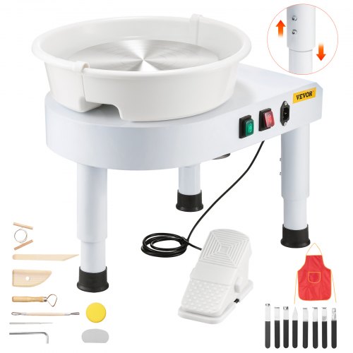 Drejskiva, 28 cm maskin för formning av keramikhjul, justerbar fotpedal med 60-300 varv/min, justerbart lyftben, avtagbart fat, komplett verktygssats för konsthantverk/gör-det-själv, vit