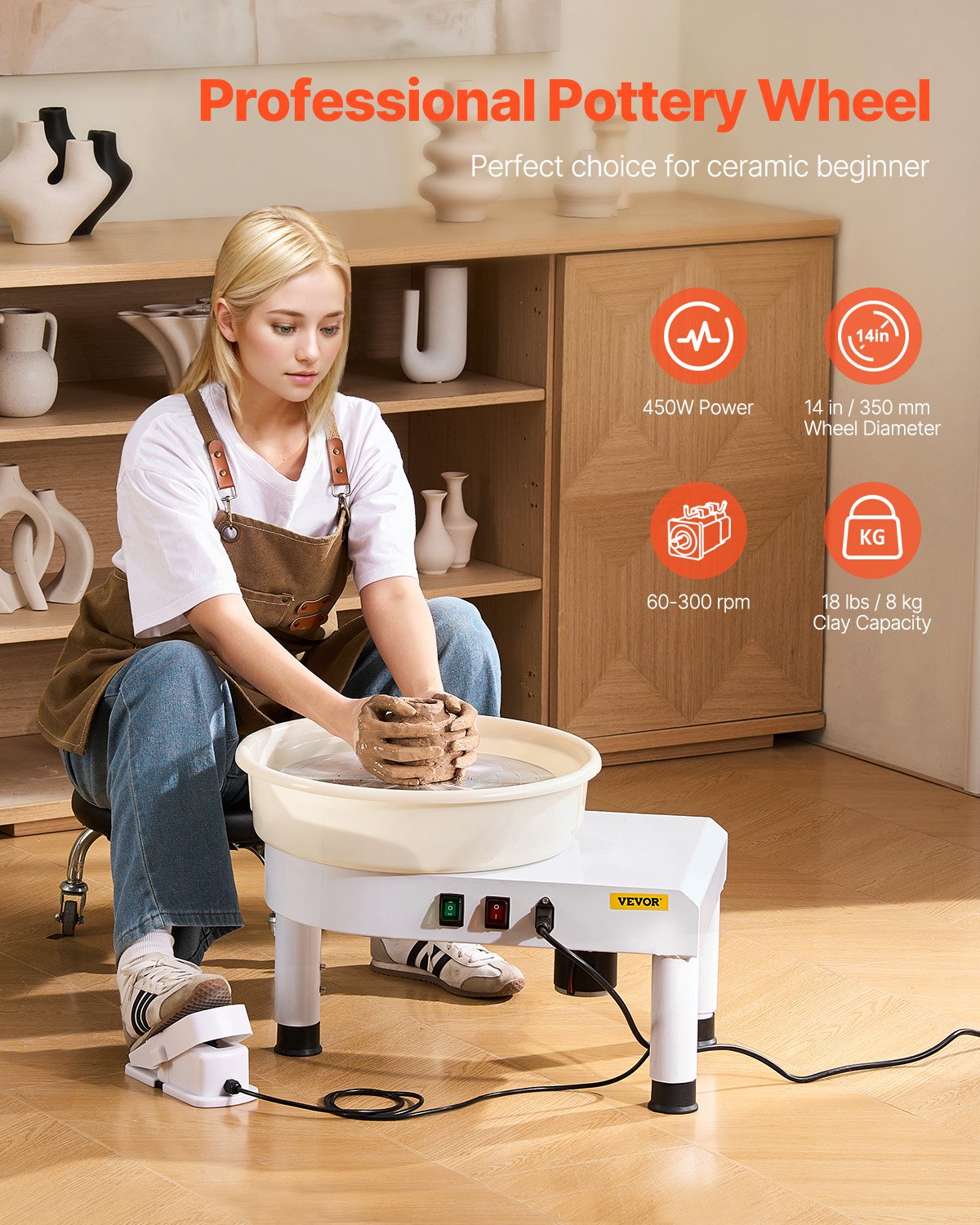 Drejskiva, 35 cm maskin för formning av keramikhjul, justerbar fotpedal med 60-300 varv/min, justerbart lyftben, avtagbart fat, komplett verktygssats för konsthantverk, gör-det-själv, vit