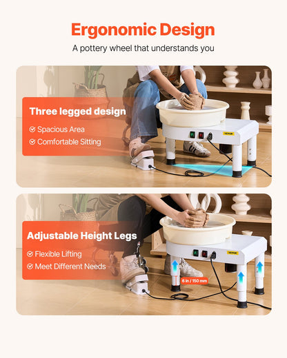 Drejskiva, 35 cm maskin för formning av keramikhjul, justerbar fotpedal med 60-300 varv/min, justerbart lyftben, avtagbart fat, komplett verktygssats för konsthantverk, gör-det-själv, vit