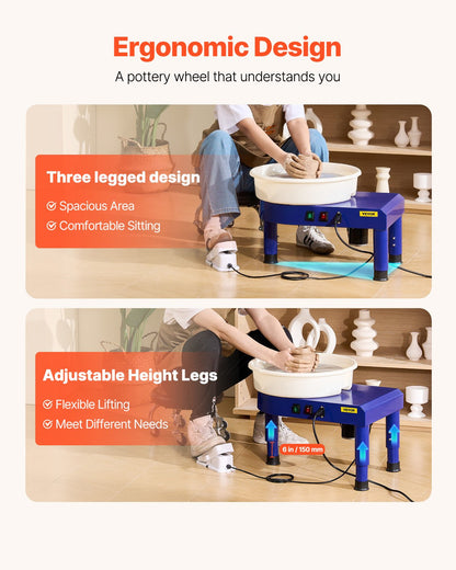 Drejskiva, 35 cm maskin för formning av keramikhjul, justerbar fotpedal med 60-300 varv/min, justerbart lyftben, avtagbart fat, komplett verktygssats för konsthantverk, gör-det-själv, blå