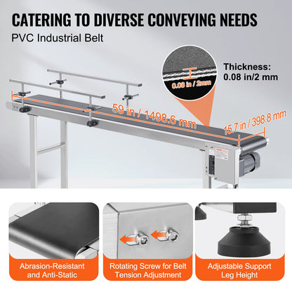 Belt Conveyor, 59 x 15.7 inch Conveyor Table, Heavy Duty Stainless Steel Motorized Belt Conveyor for Inkjet Coding Applications Powered PVC Belt Anti-Static Adjustable Speed (Double Guardrail)