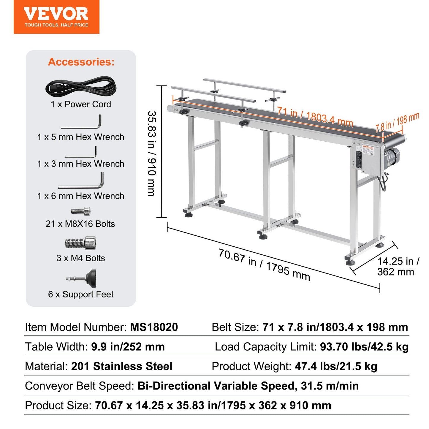 Belt Conveyor, 71 x 7.8 inch Conveyor Table, Heavy Duty Stainless Steel Motorized Belt Conveyor for Inkjet Coding Applications Powered PVC Belt Anti-Static Adjustable Speed (Double Guardrail)