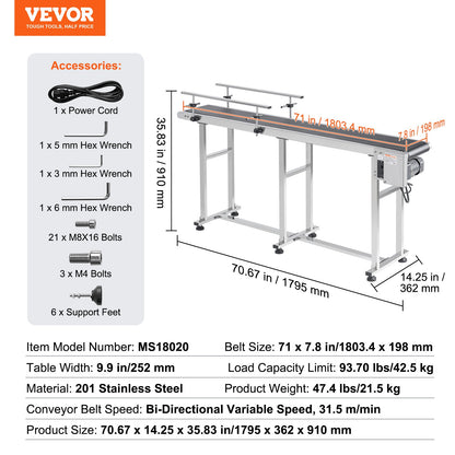 Belt Conveyor, 71 x 7.8 inch Conveyor Table, Heavy Duty Stainless Steel Motorized Belt Conveyor for Inkjet Coding Applications Powered PVC Belt Anti-Static Adjustable Speed (Double Guardrail)