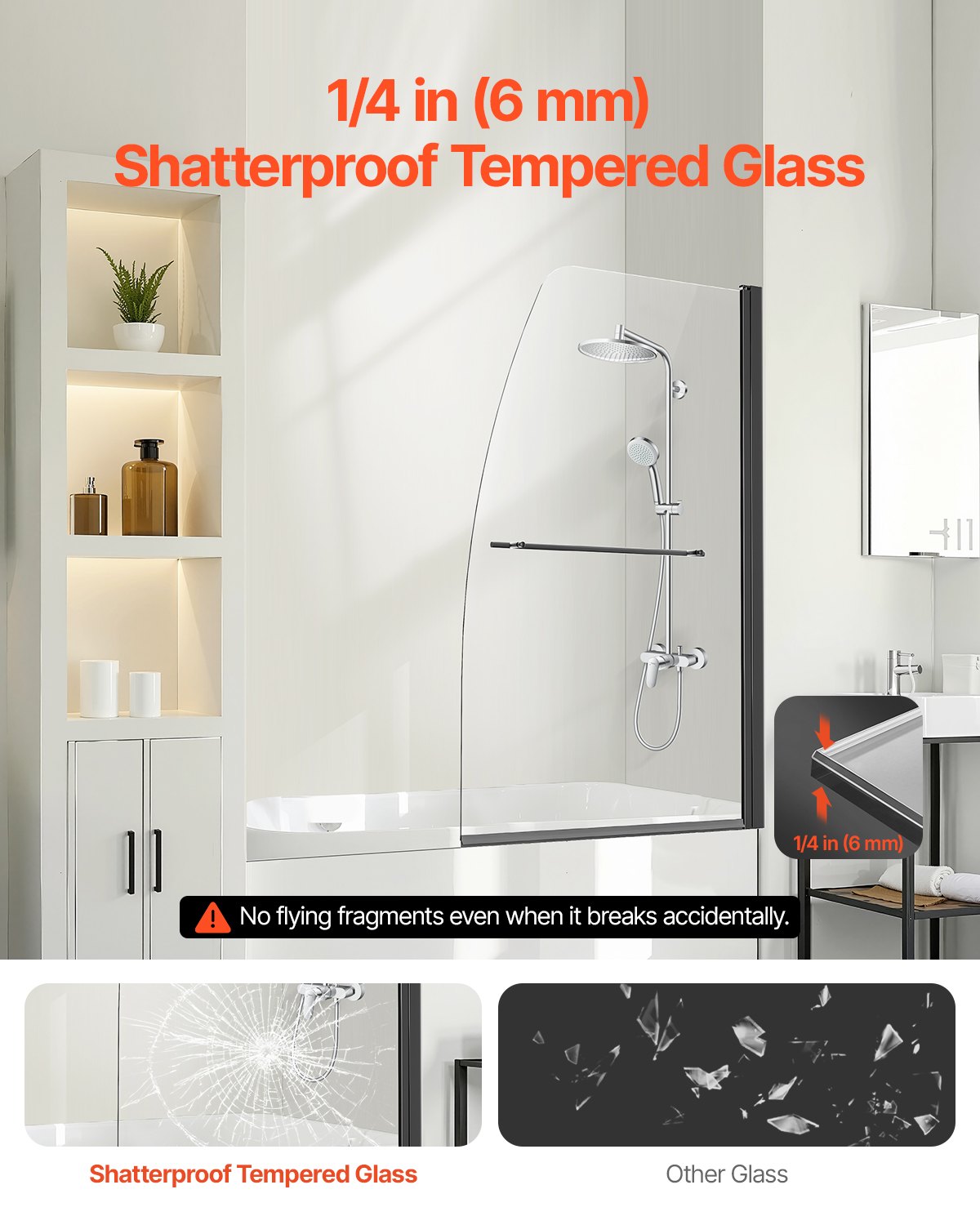Frameless Bathtub Shower Door, 34 in. W x 55 in. H, Half Shower Door for Bathtub, 180° Rotatable Tempered Glass Door, Half Shower Door with 1/4 in Tempered Glass Bathroom Shower Screen, Black