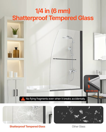 Frameless Bathtub Shower Door, 34 in. W x 55 in. H, Half Shower Door for Bathtub, 180° Rotatable Tempered Glass Door, Half Shower Door with 1/4 in Tempered Glass Bathroom Shower Screen, Black