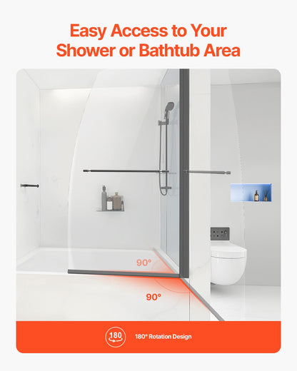 Frameless Bathtub Shower Door, 34 in. W x 55 in. H, Half Shower Door for Bathtub, 180° Rotatable Tempered Glass Door, Half Shower Door with 1/4 in Tempered Glass Bathroom Shower Screen, Black