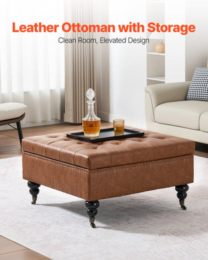 80 cm Square Leather Ottoman with Storage, Upholstered Tufted Button Coffee Table Ottoman with Castered Rolling Wheels, PU Leather High-Density Sponge for Living Room, Dorm, Bedroom, Brown