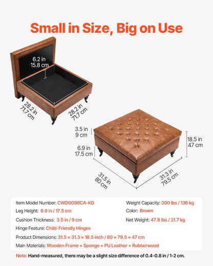 80 cm Square Leather Ottoman with Storage, Upholstered Tufted Button Coffee Table Ottoman with Castered Rolling Wheels, PU Leather High-Density Sponge for Living Room, Dorm, Bedroom, Brown