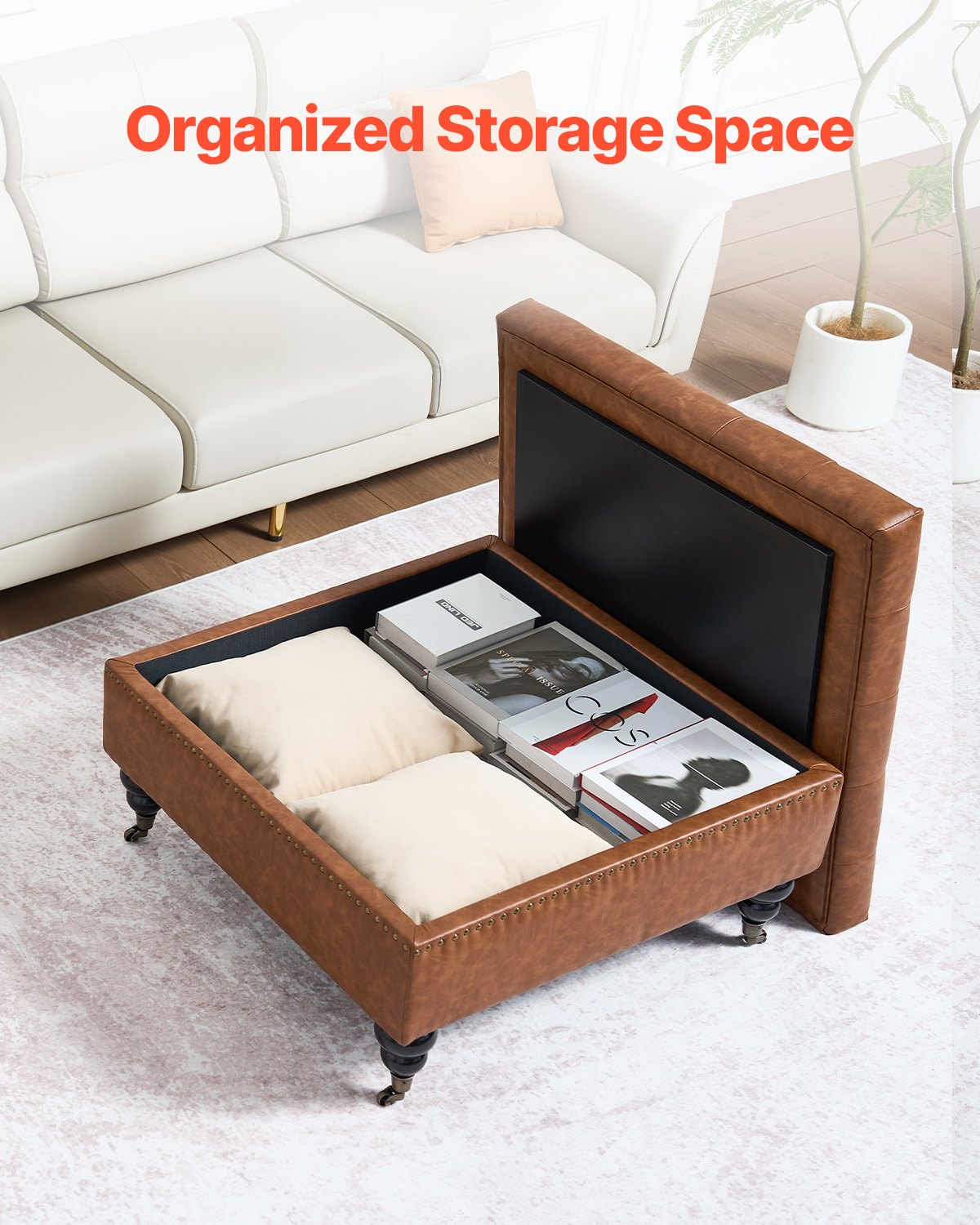 80 cm Square Leather Ottoman with Storage, Upholstered Tufted Button Coffee Table Ottoman with Castered Rolling Wheels, PU Leather High-Density Sponge for Living Room, Dorm, Bedroom, Brown