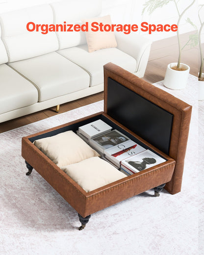80 cm Square Leather Ottoman with Storage, Upholstered Tufted Button Coffee Table Ottoman with Castered Rolling Wheels, PU Leather High-Density Sponge for Living Room, Dorm, Bedroom, Brown